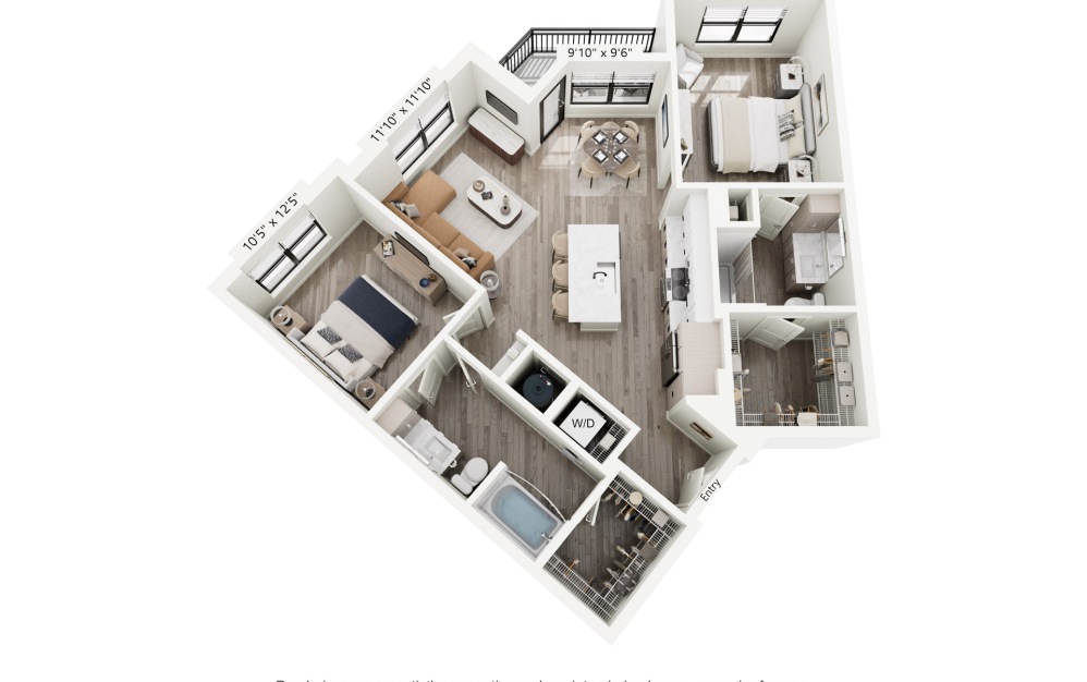 B5 - 2 bedroom floorplan layout with 2 bathrooms and 1179 square feet