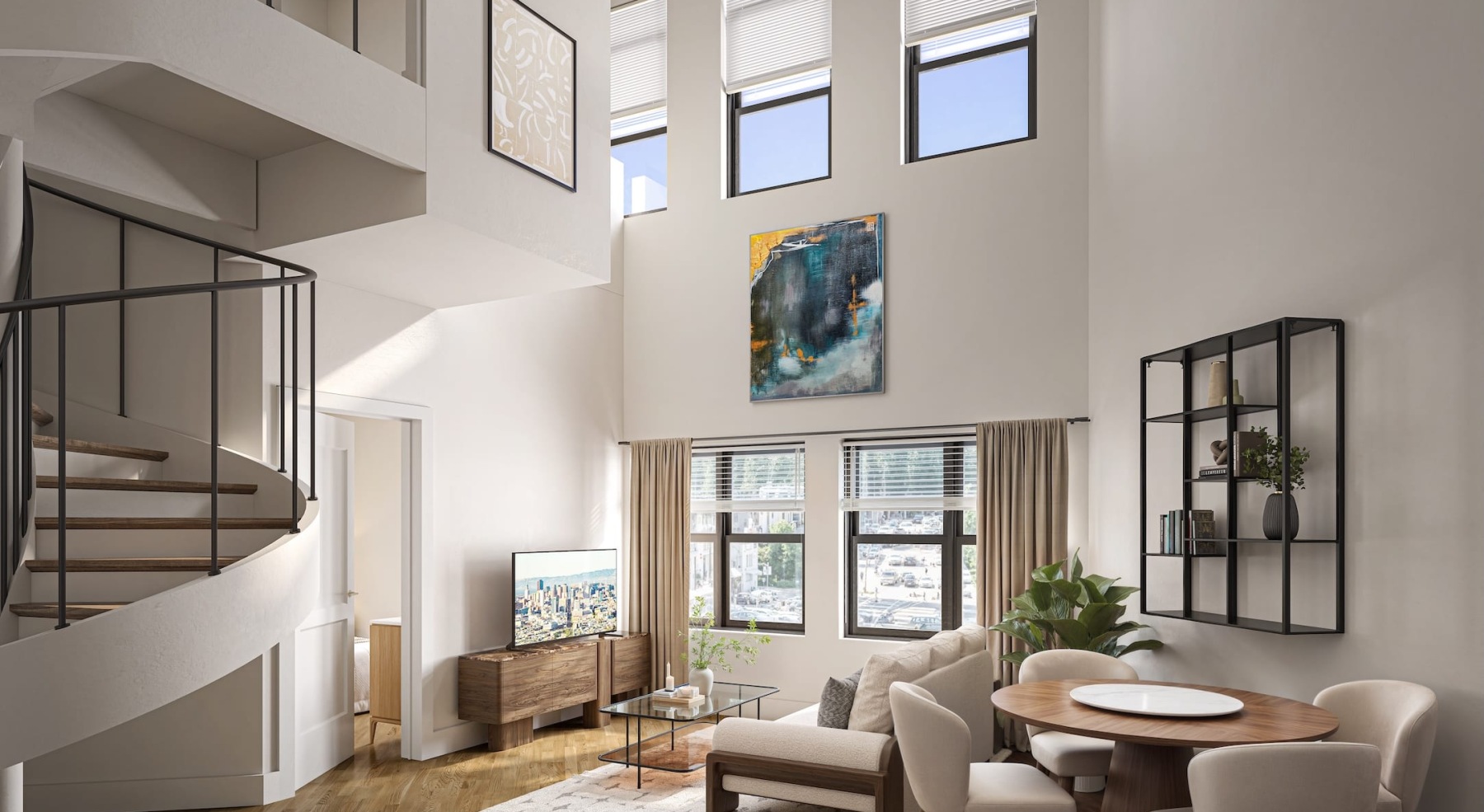 living room with bright lighting and multiple levels