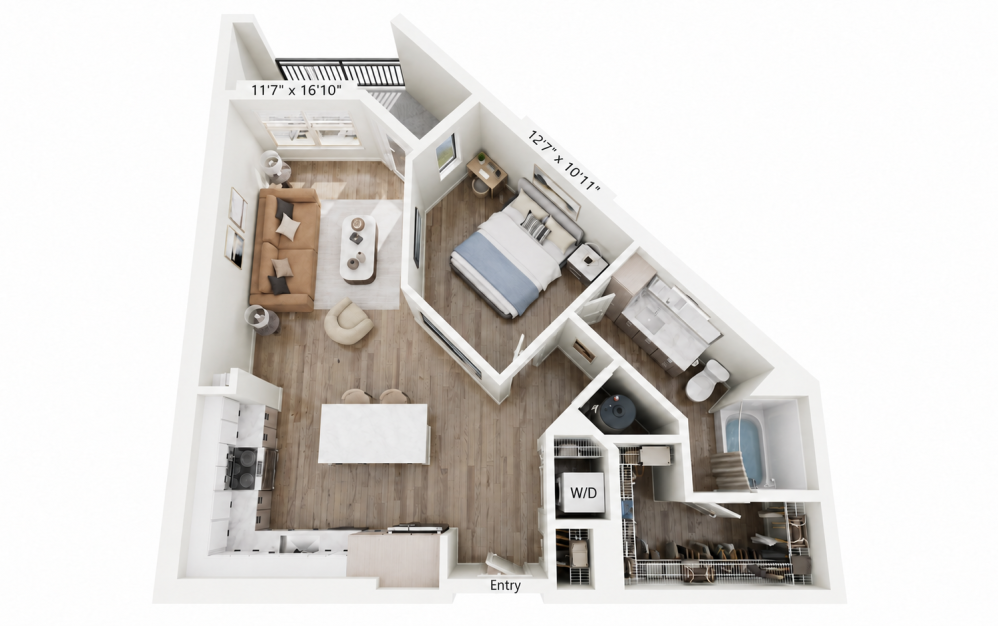 A7 - 1 bedroom floorplan layout with 1 bathroom and 875 square feet